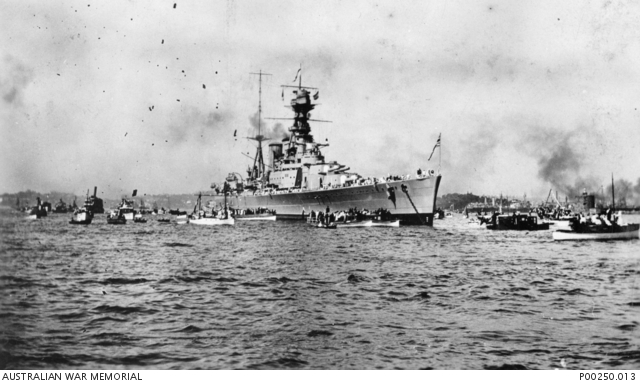Hood at anchor in Sydney Harbour during the Special Service Squadron visit. The archive credit strip is retained.