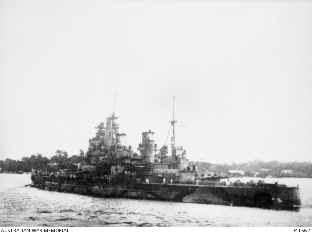 Prince of Wales leaving Singapore Harbour two days before her loss. The archive credit strip is retained.