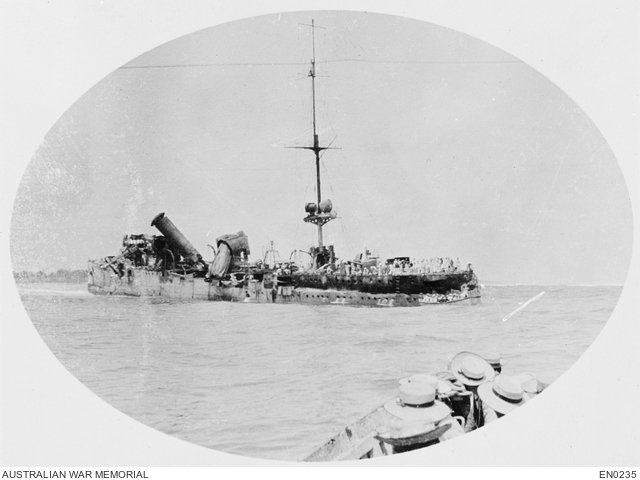 Emden after her battle with Sydney near the Cocos Islands; the archive dates this photograph to 9 November 1914. This shows the wreck, not her intact service appearance. Archive framing and credit retained.
