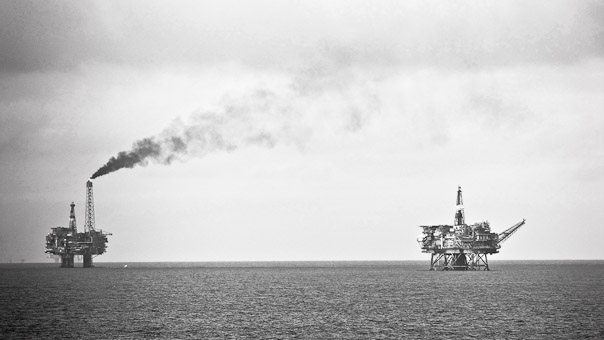 Brent Bravo on the left and Brent Alpha on the right, photographed from the sea in 2008