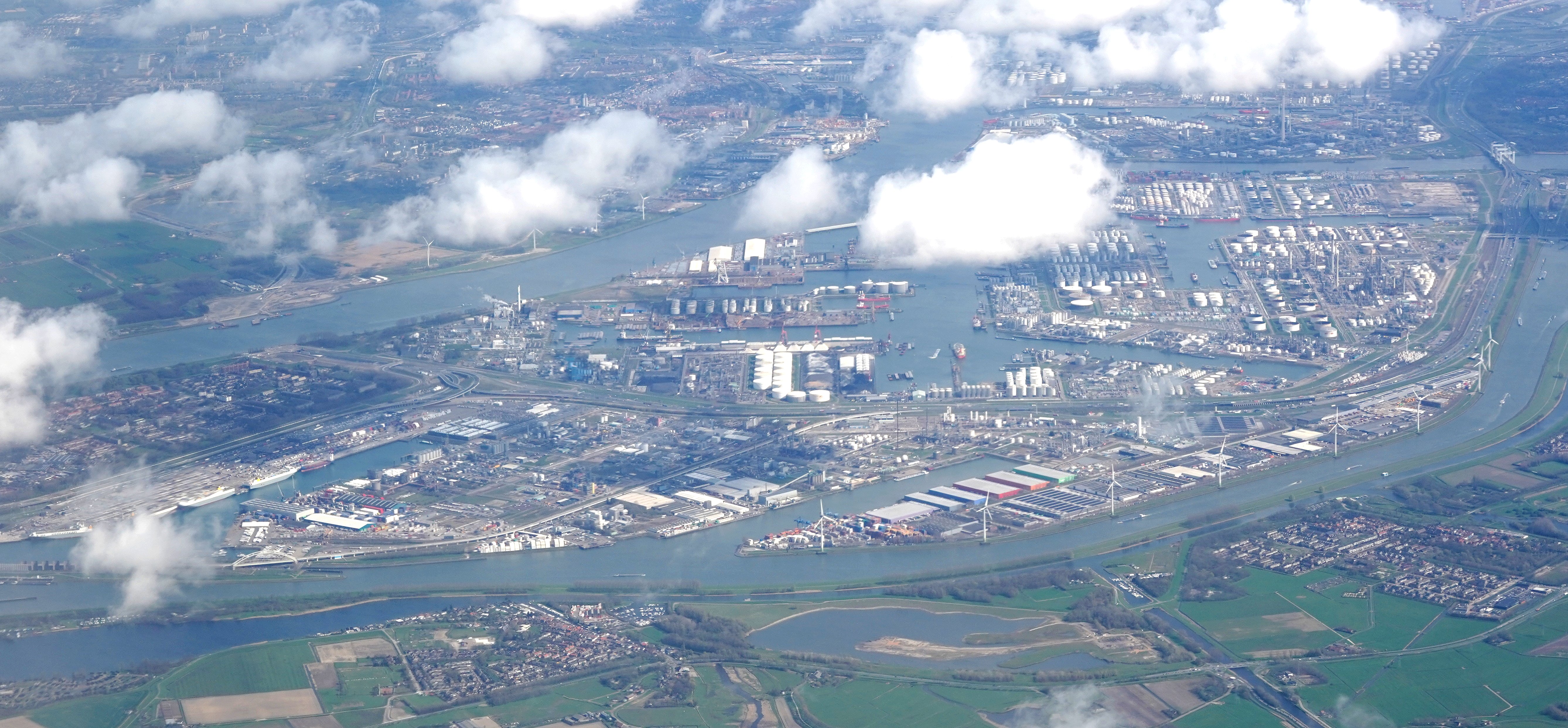 Aerial view of docks and industrial facilities in Rotterdam Europoort